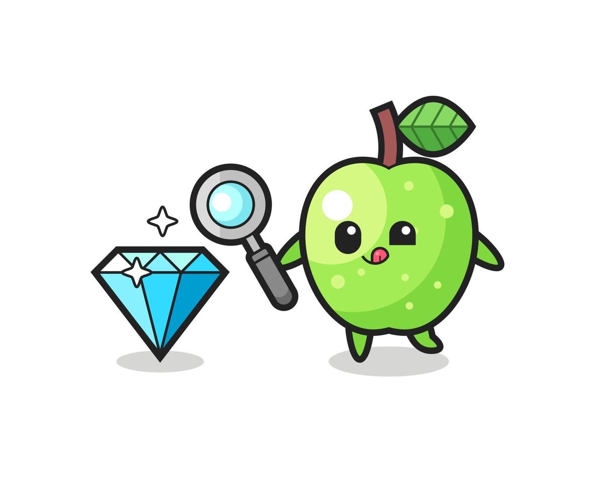 mascota de la manzana verde está comprobando la autenticidad de un diamante vector