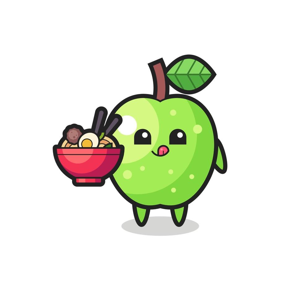 cute green apple character eating noodles vector