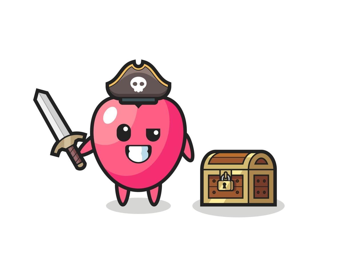el símbolo del corazón personaje pirata sosteniendo la espada al lado de un cofre del tesoro vector