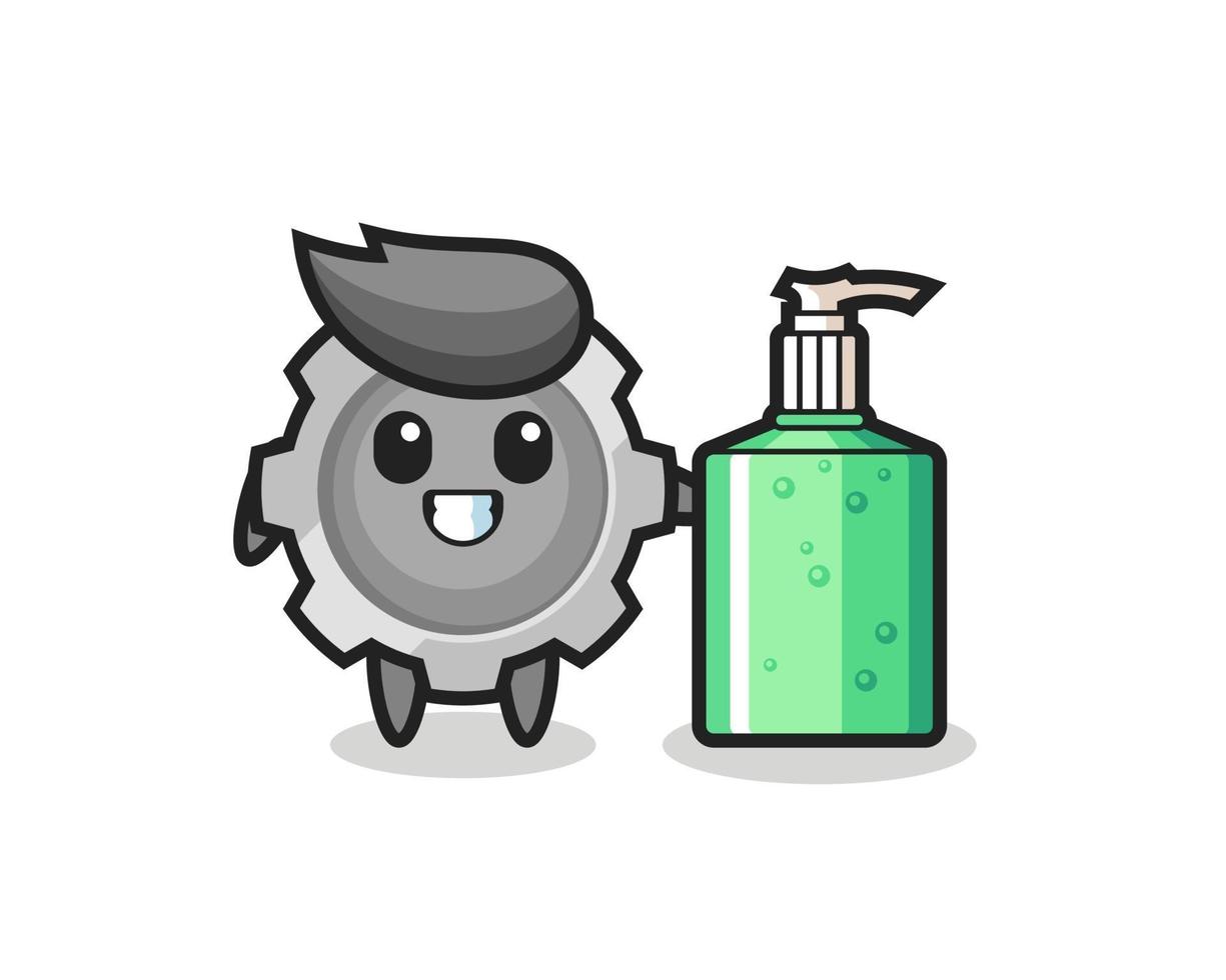 cute gear cartoon with hand sanitizer vector