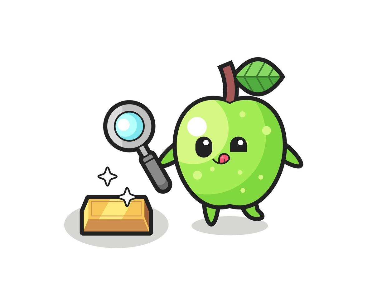 green apple character is checking the authenticity of the gold bullion vector