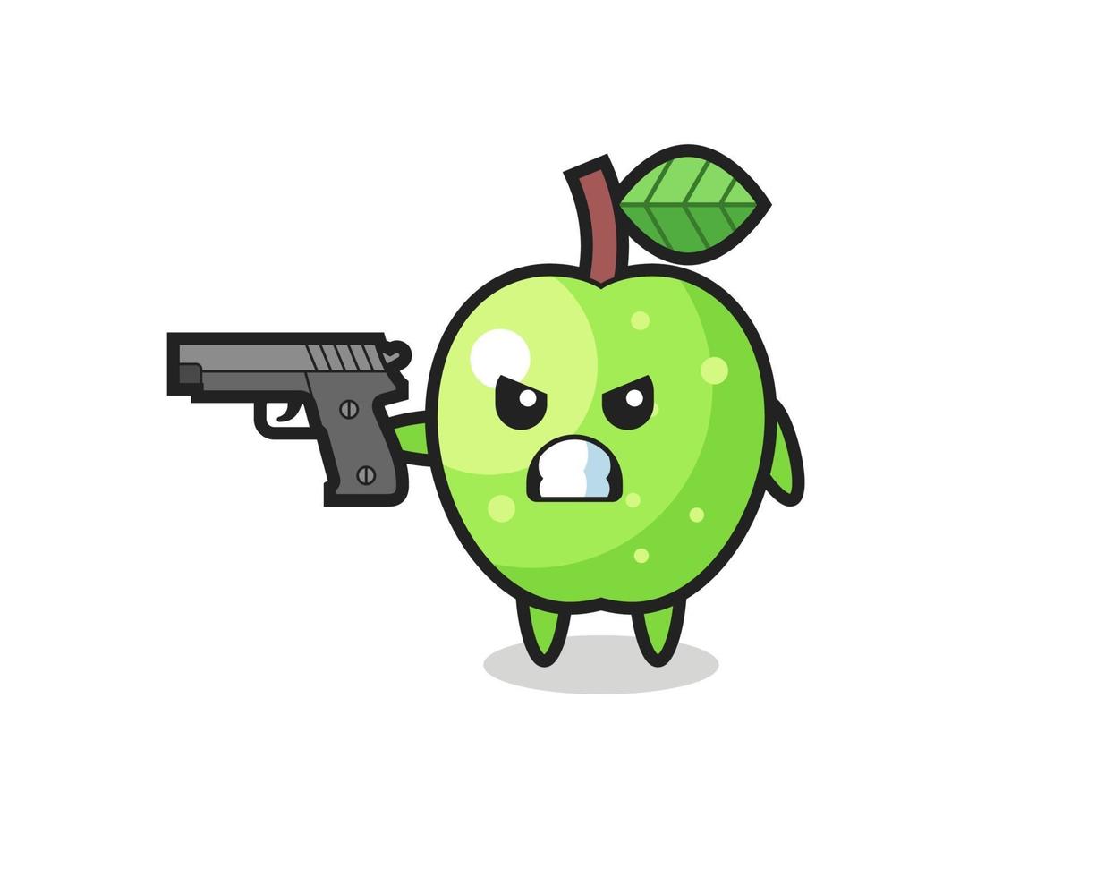 the cute green apple character shoot with a gun vector
