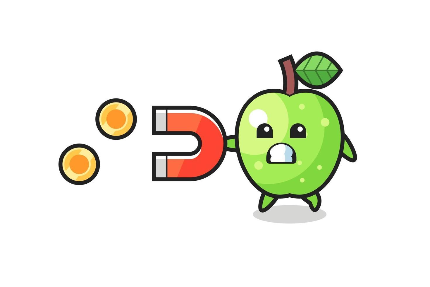 the character of green apple hold a magnet to catch the gold coins vector