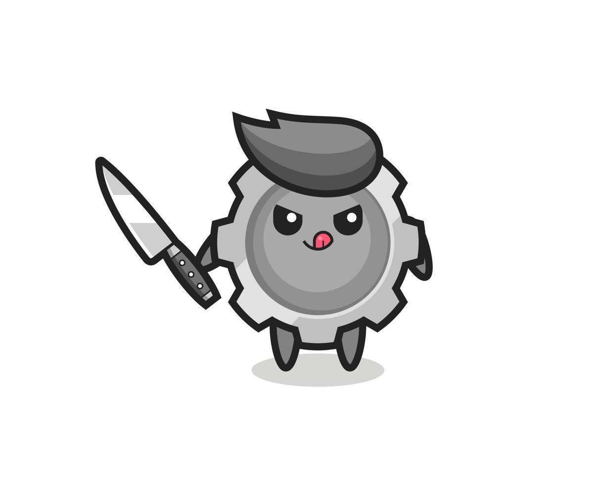 cute gear mascot as a psychopath holding a knife vector