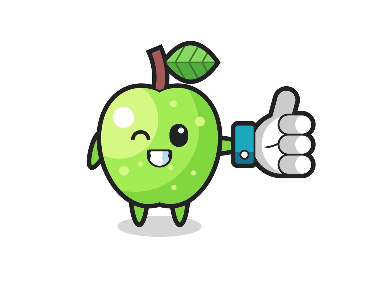 cute green apple with social media thumbs up symbol vector