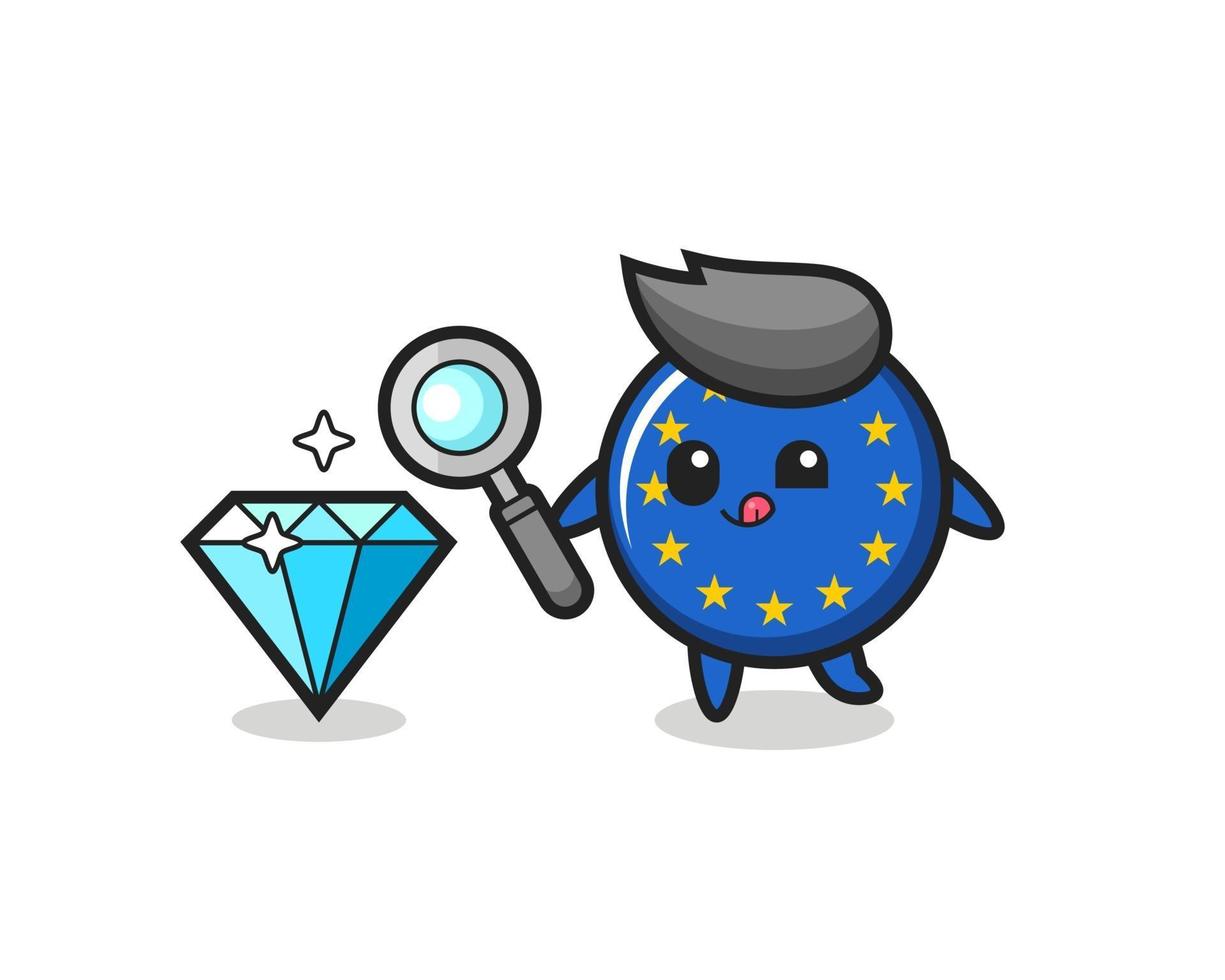 La mascota de la insignia de la bandera de Europa está comprobando la autenticidad de un diamante. vector