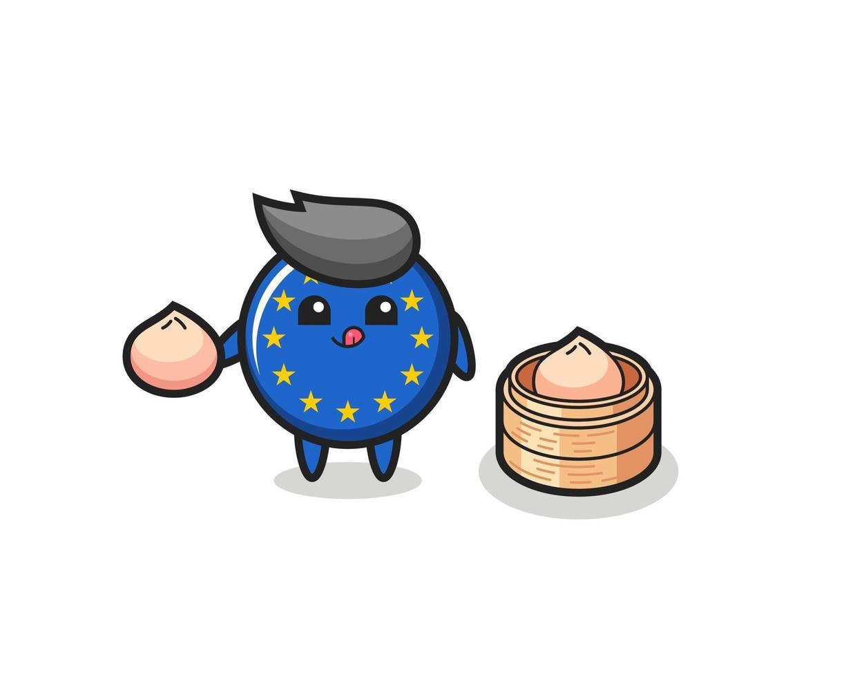 cute europe flag badge character eating steamed buns vector