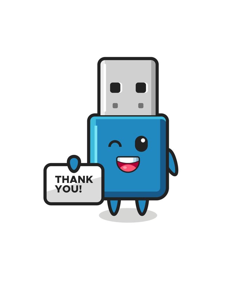 la mascota de la unidad flash usb sosteniendo una pancarta que dice gracias vector