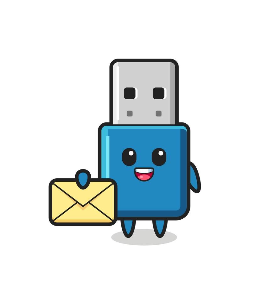 cartoon illustration of flash drive usb holding a yellow letter vector