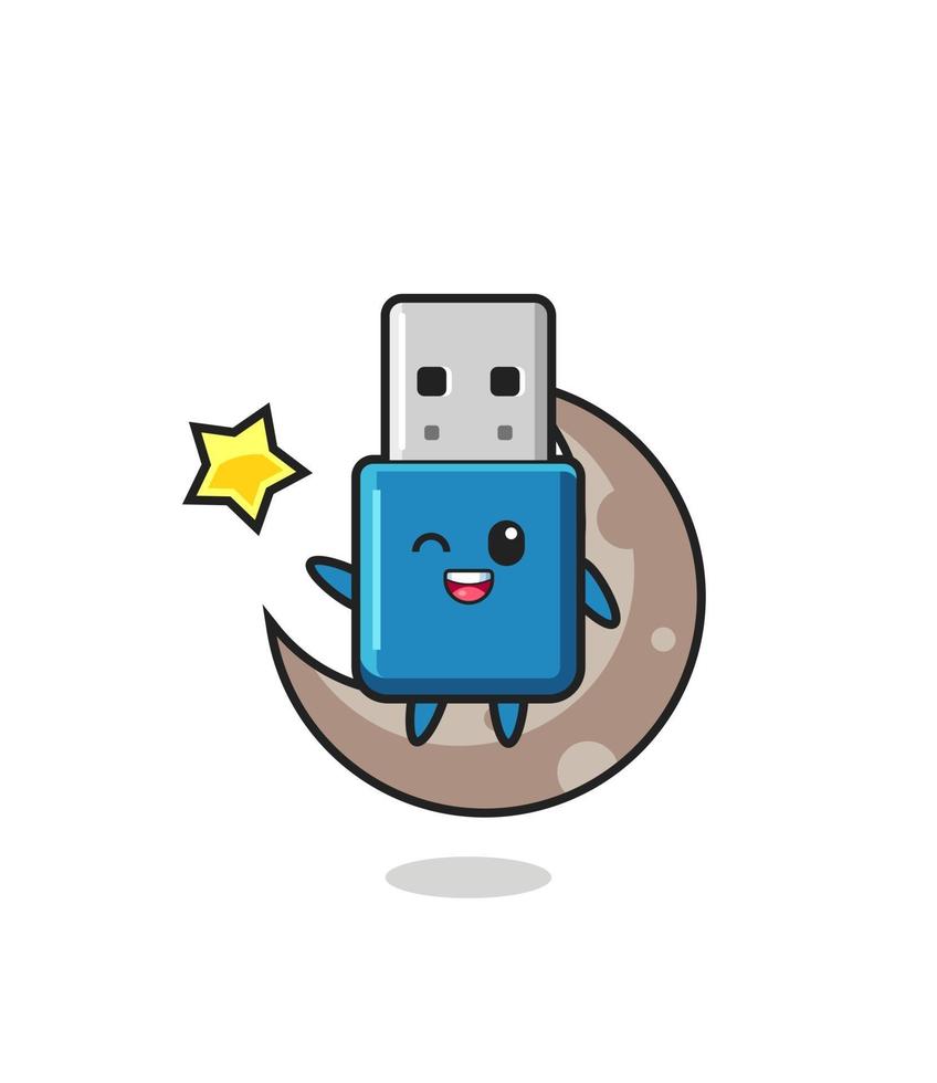 ilustración de dibujos animados de unidad flash usb sentado en la media luna vector