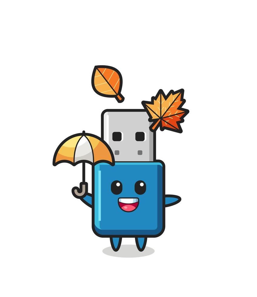 caricatura de la linda unidad flash usb sosteniendo un paraguas en otoño vector