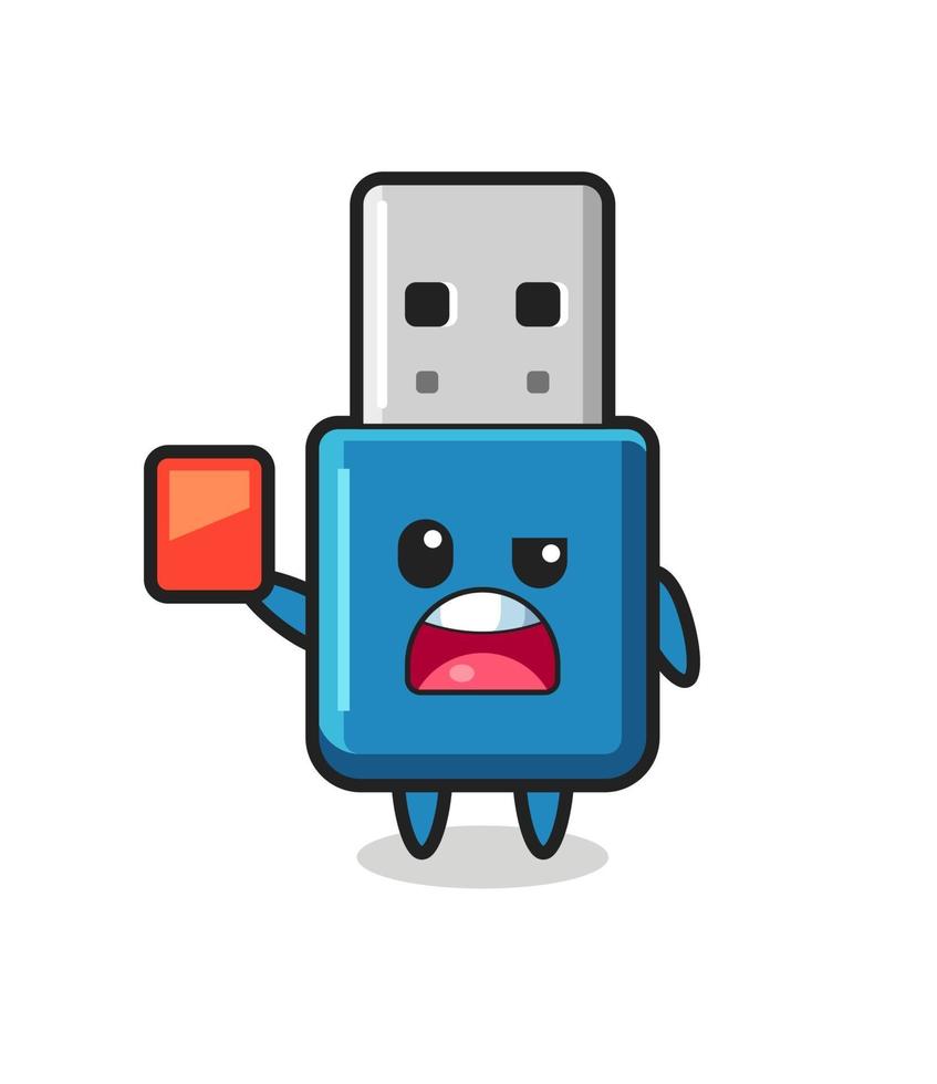 unidad flash usb linda mascota como árbitro dando una tarjeta roja vector