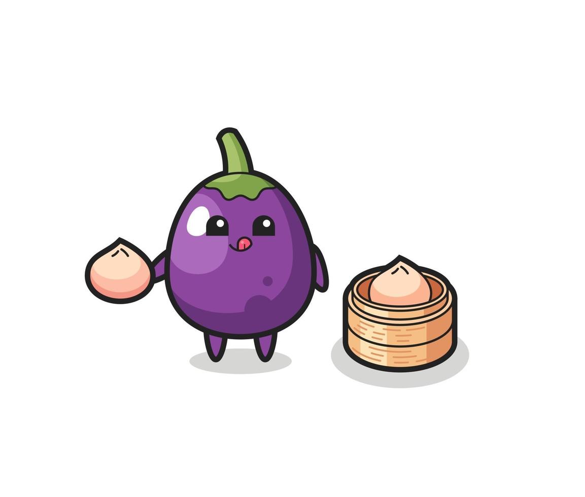 cute eggplant character eating steamed buns vector