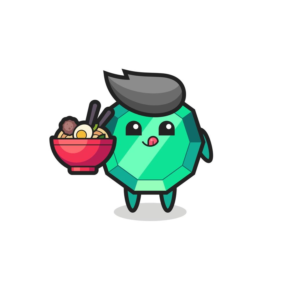 cute emerald gemstone character eating noodles vector