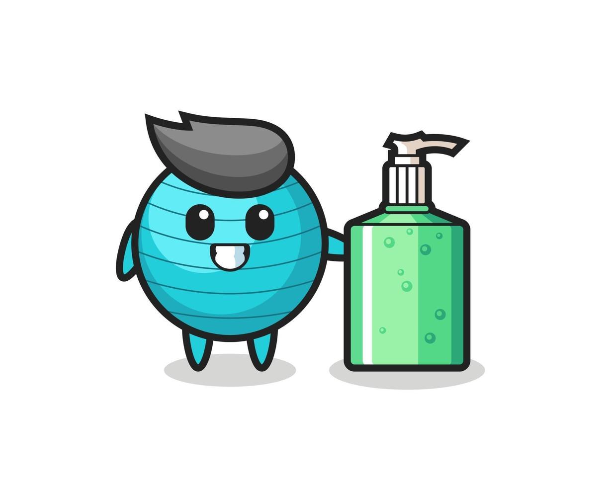 cute exercise ball cartoon with hand sanitizer vector