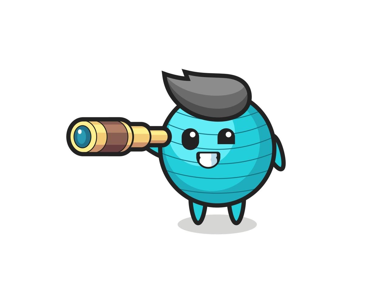 cute exercise ball character is holding an old telescope vector