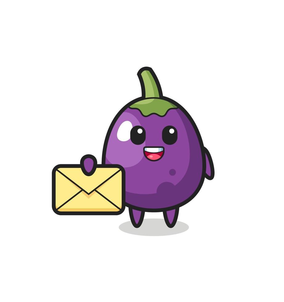 cartoon illustration of eggplant holding a yellow letter vector