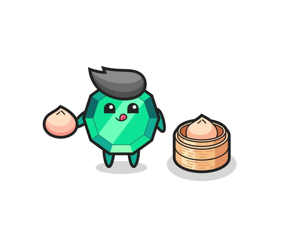 cute emerald gemstone character eating steamed buns vector