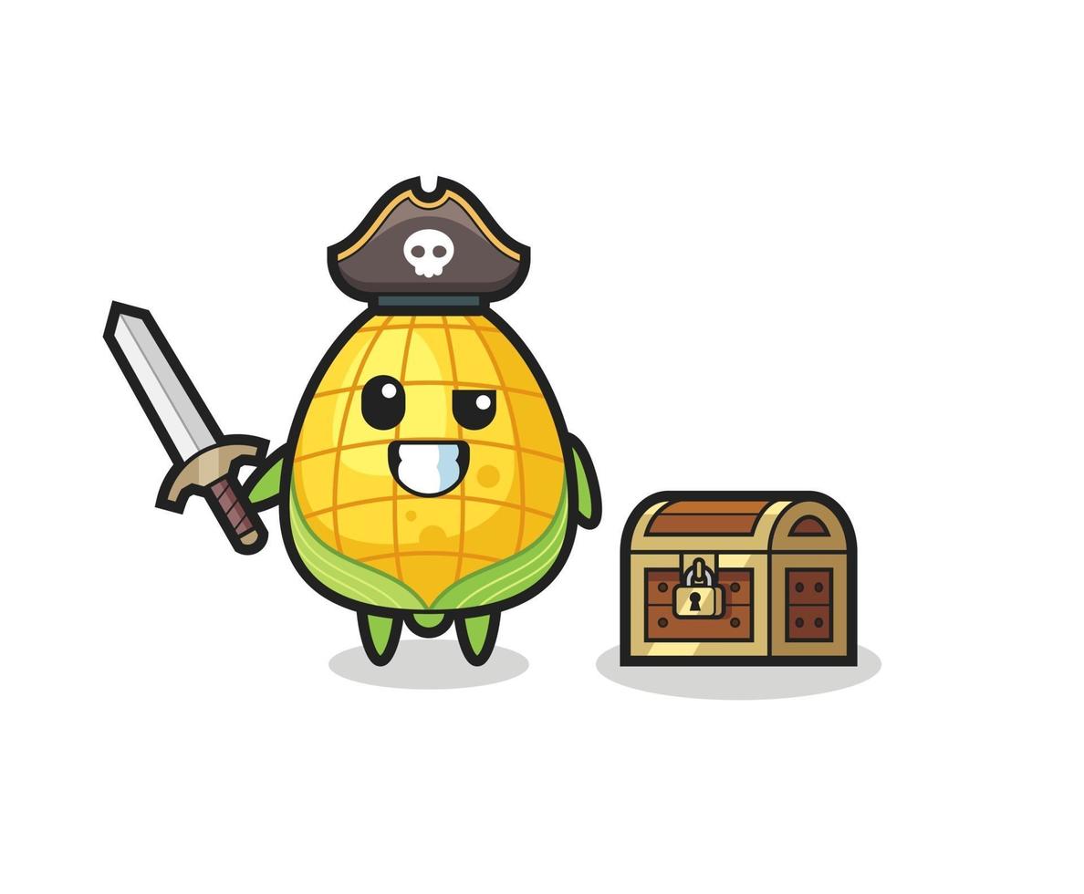 the corn pirate character holding sword beside a treasure box vector