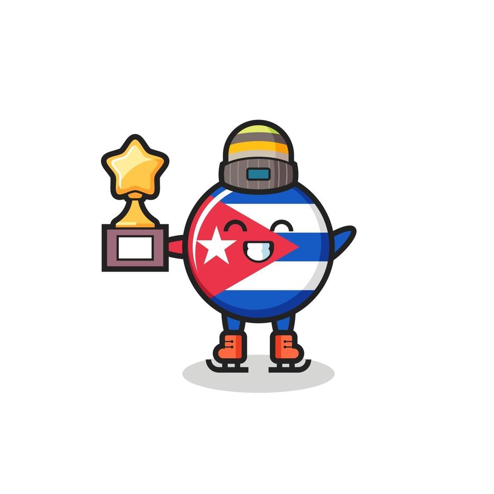 dibujos animados de la insignia de la bandera de cuba como un jugador de patinaje sobre hielo sosteniendo el trofeo ganador vector