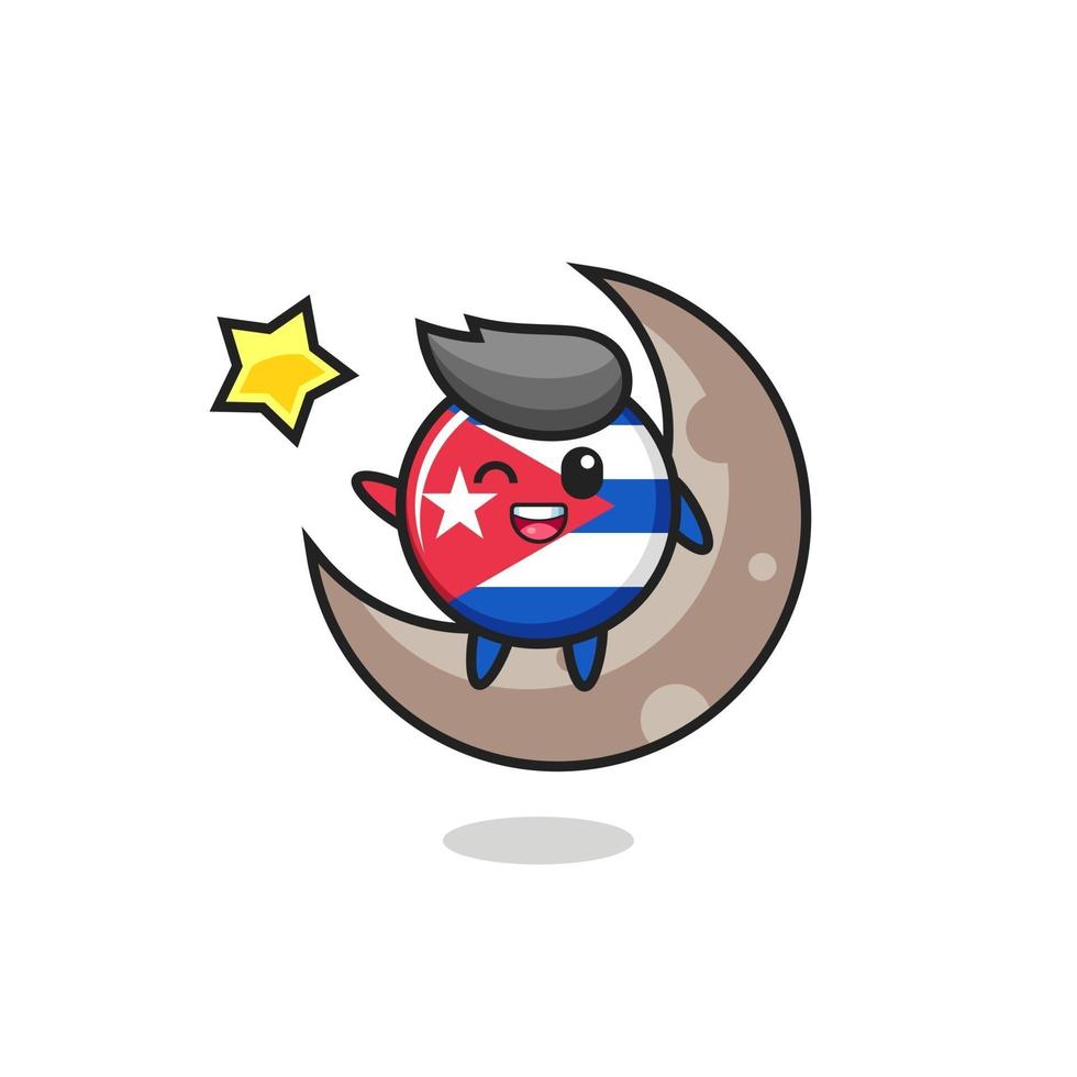 Ilustración de dibujos animados de la insignia de la bandera de Cuba sentado en la media luna vector