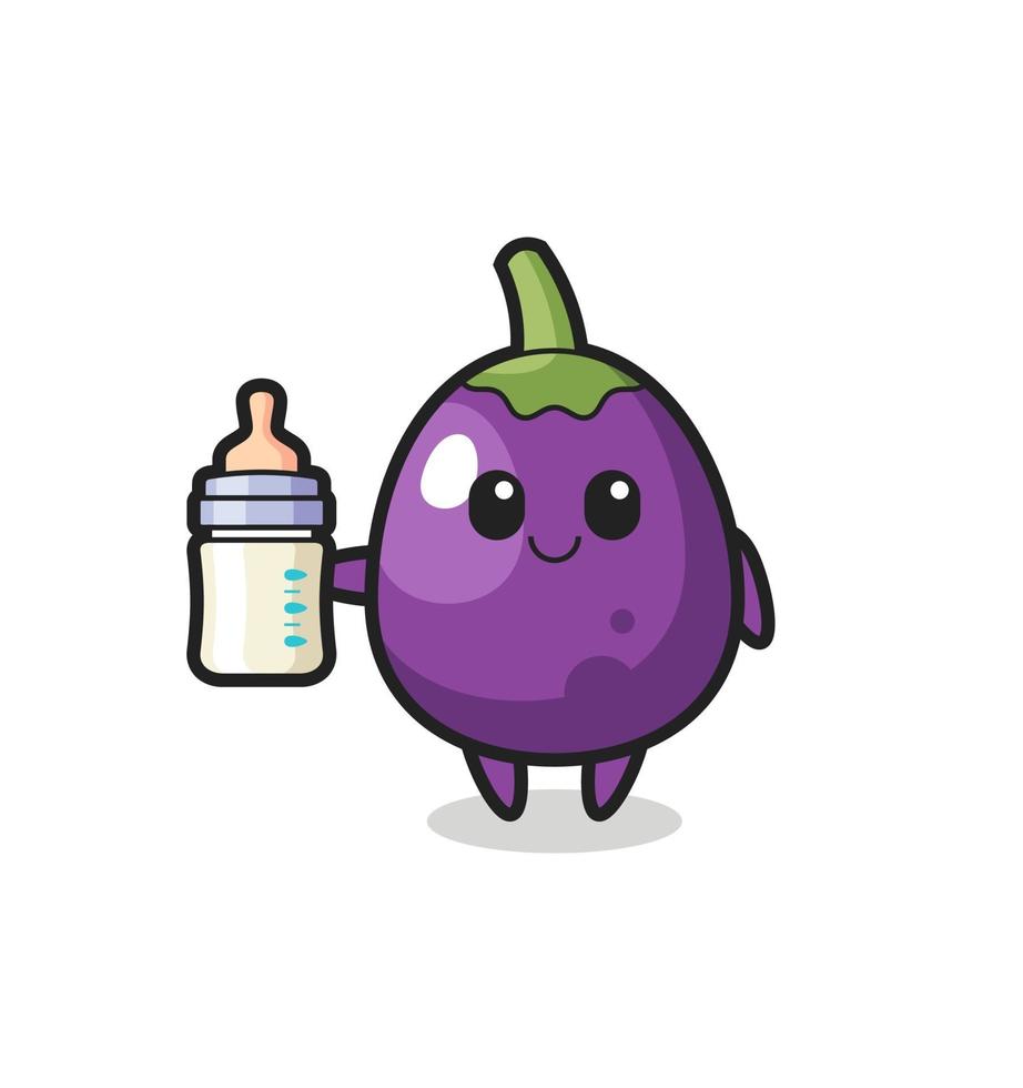 baby eggplant cartoon character with milk bottle vector