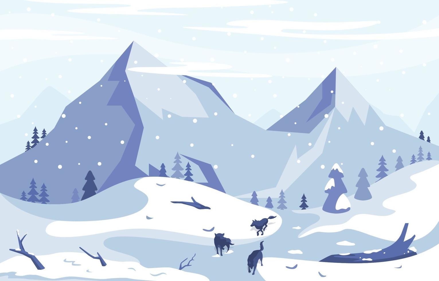 paisaje invernal de montaña nevada con lobos vector