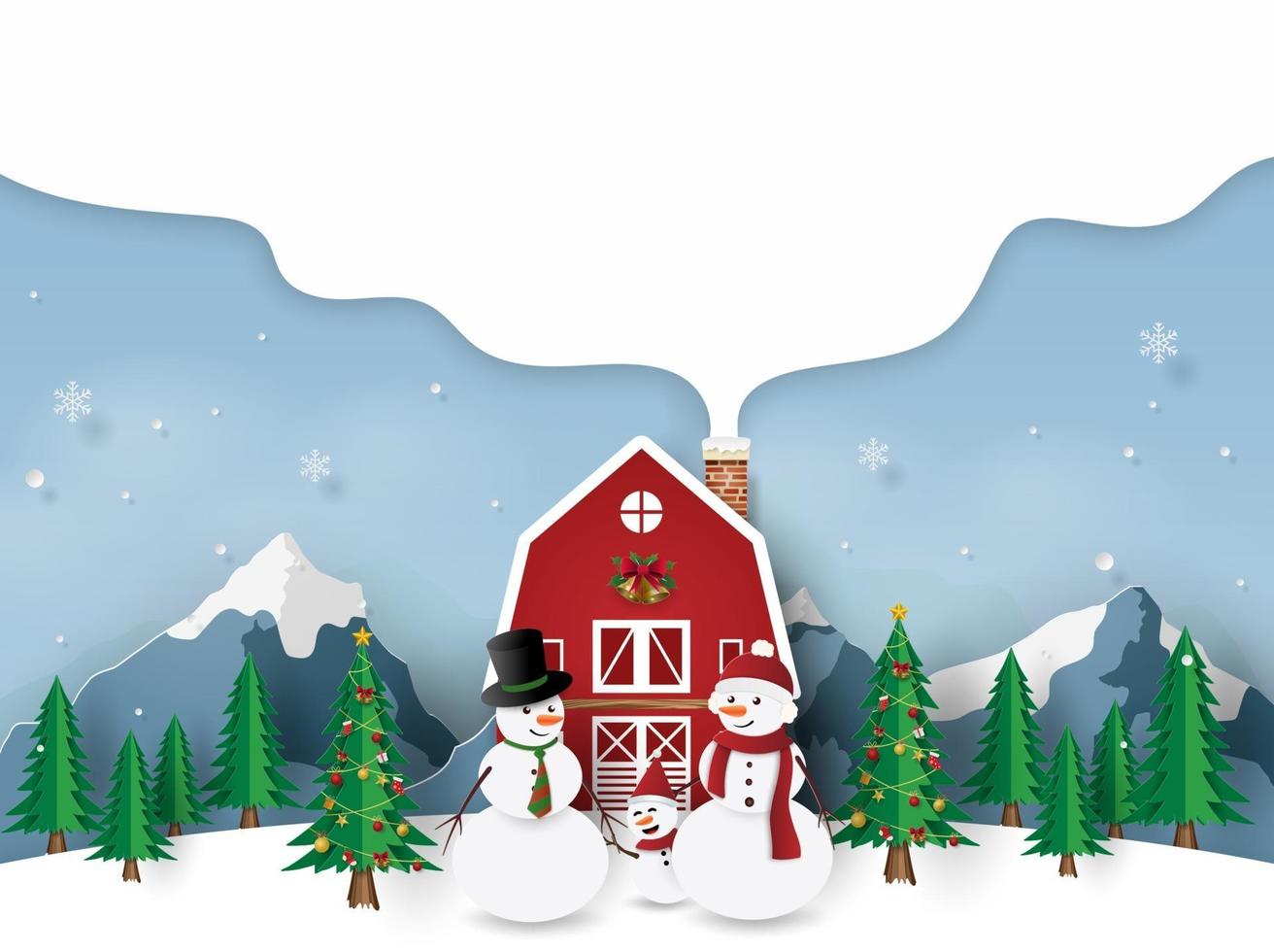 familia de muñeco de nieve con casa roja en el día de navidad, feliz navidad vector
