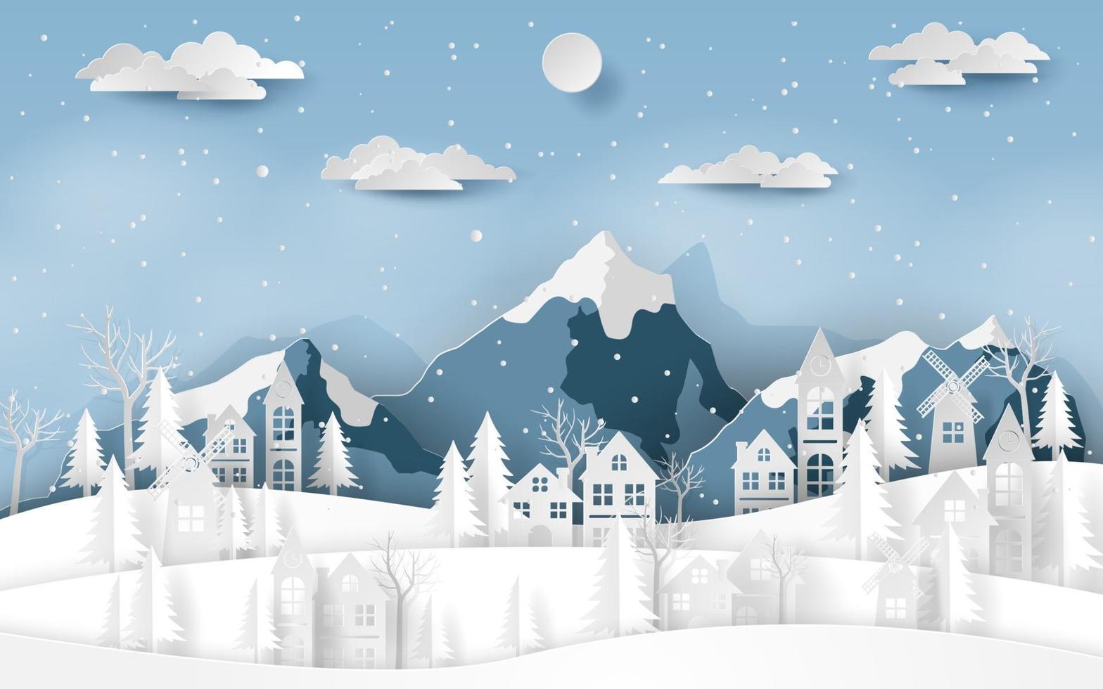 Landscape countryside village at snow valley in winter season vector