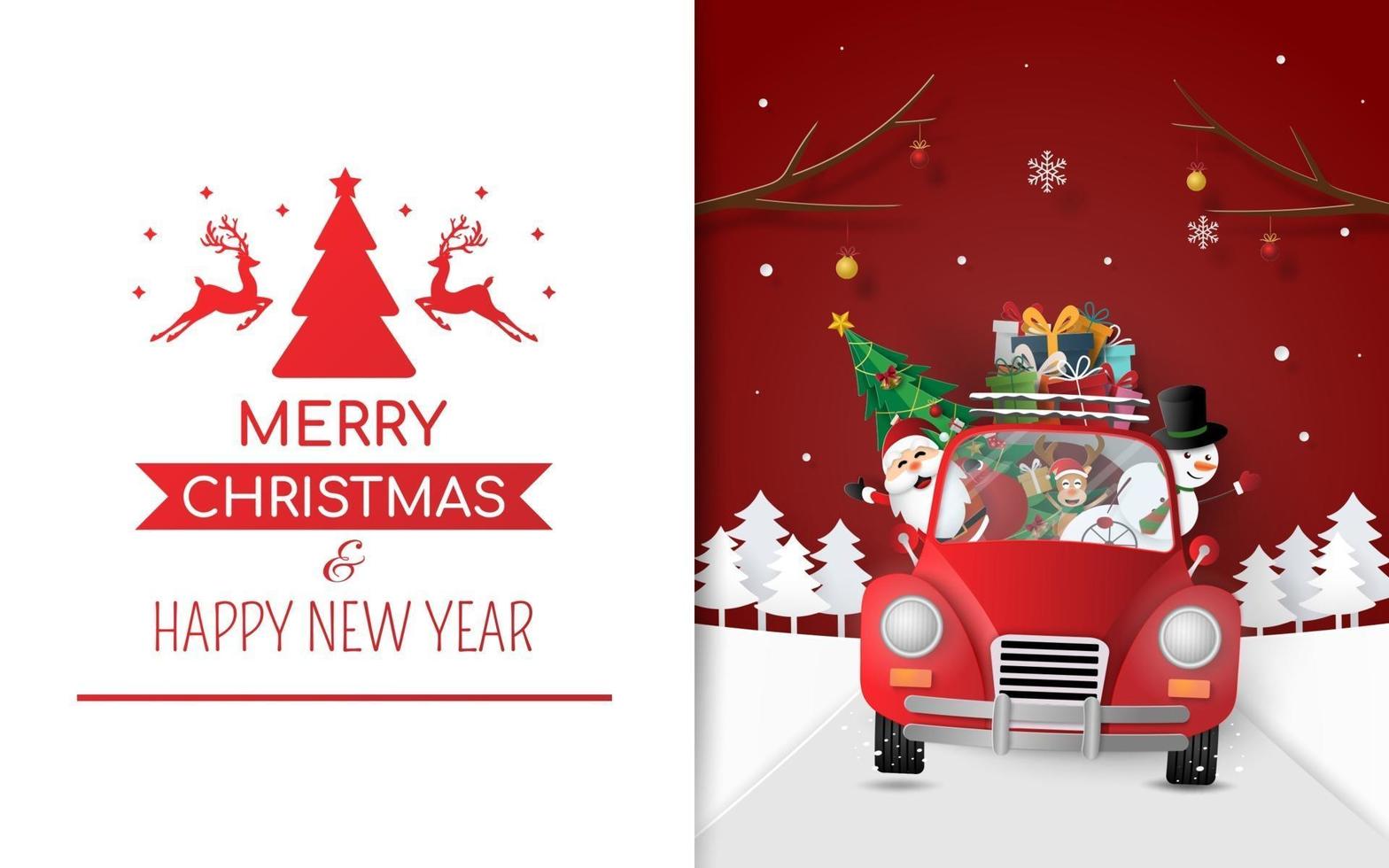 santa claus y amigos en coche rojo, tarjeta de navidad, feliz navidad vector