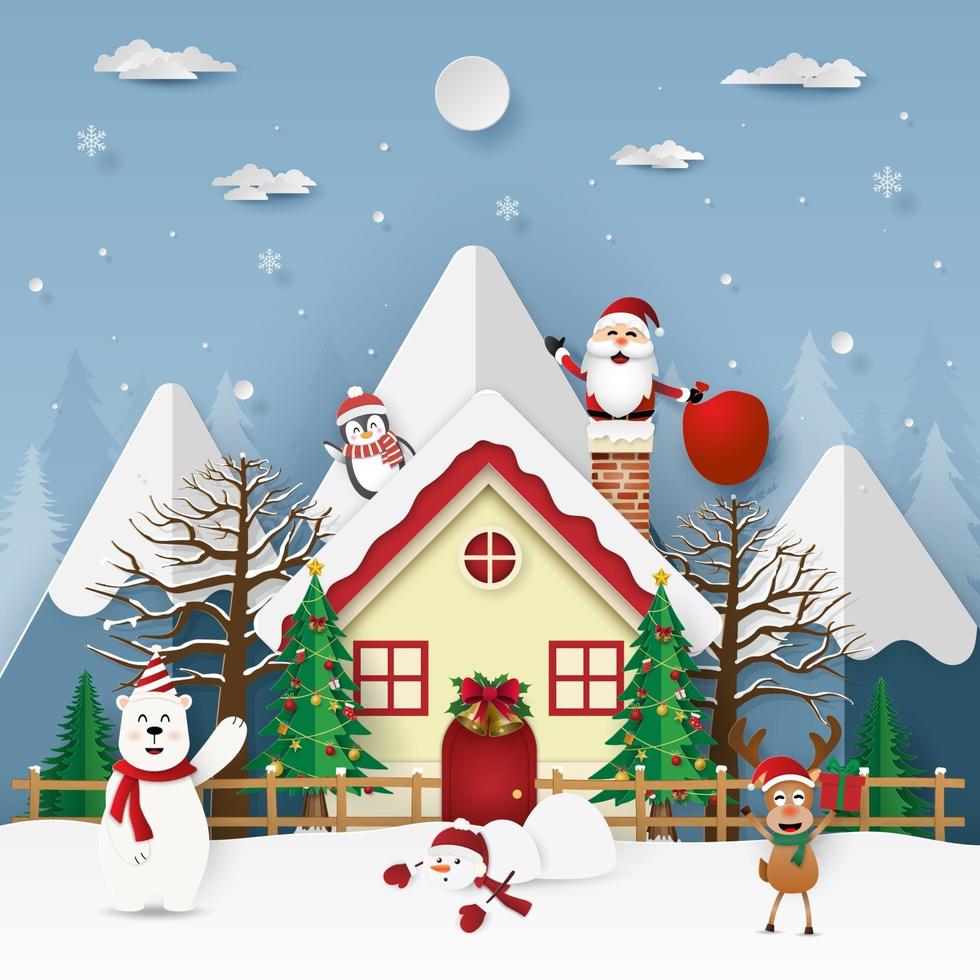 Santa Claus in chimney on the roof, Merry Christmas and Happy New Year vector