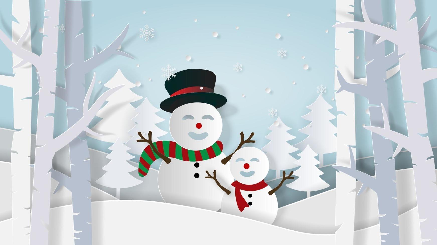 Snowman in pine forest with snowfall vector