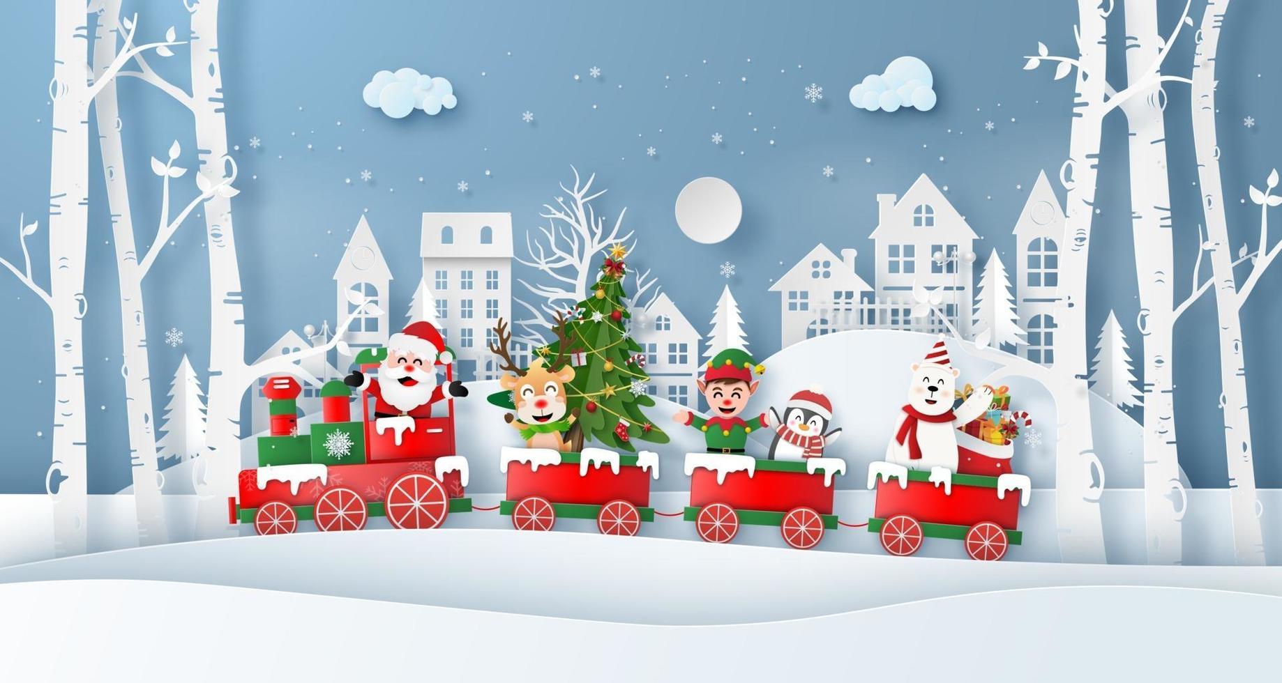 Christmas train with Santa Claus and friend in the village vector