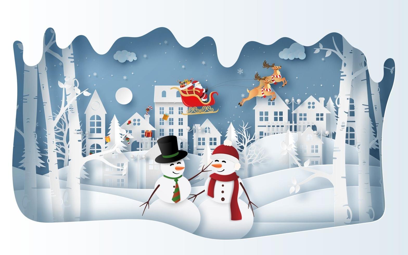 Snowman at the village in winter season with Santa Claus vector