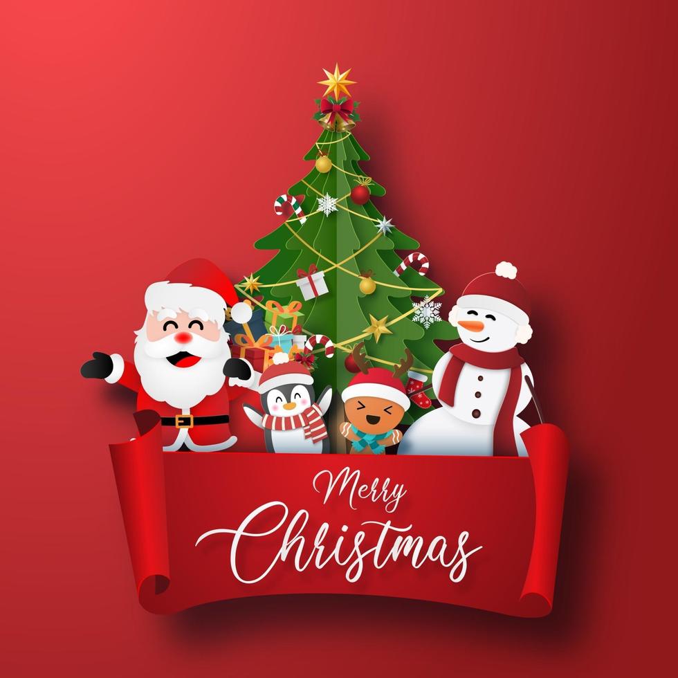personaje navideño y árbol de navidad con etiqueta roja vector