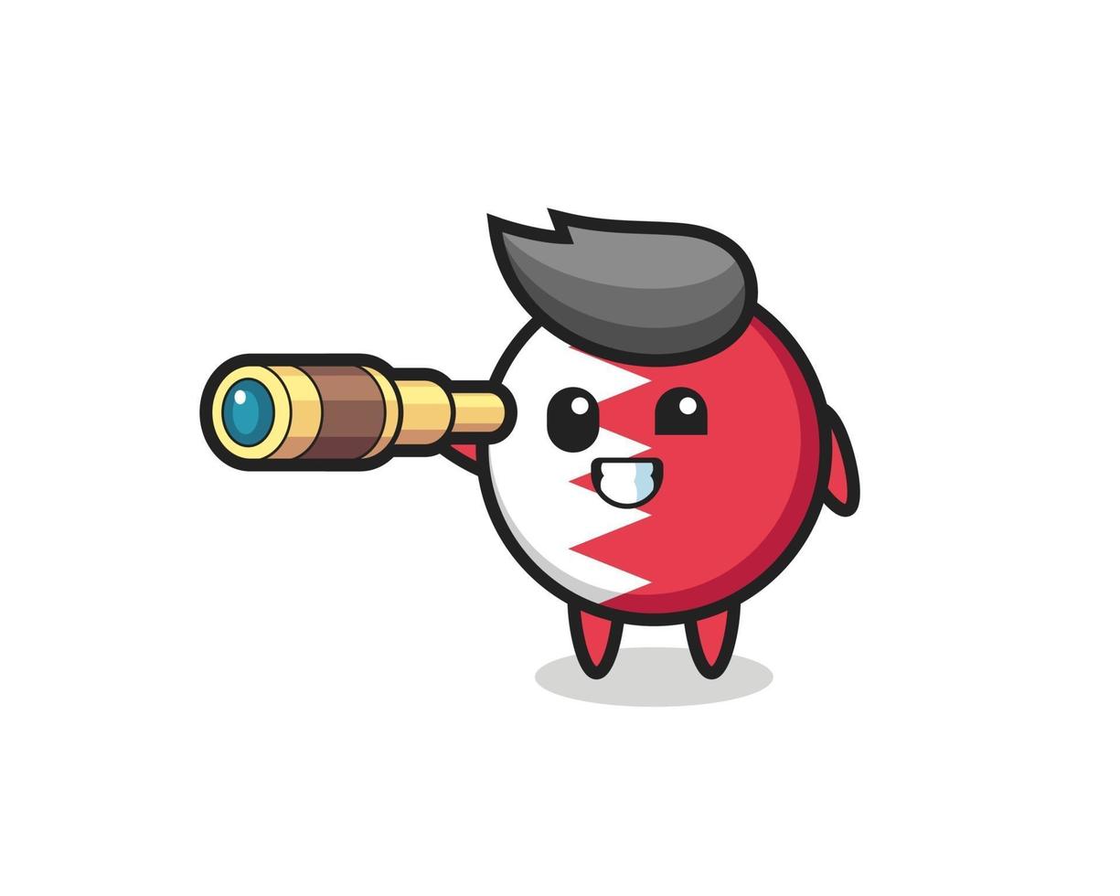 cute bahrain flag badge character is holding an old telescope vector