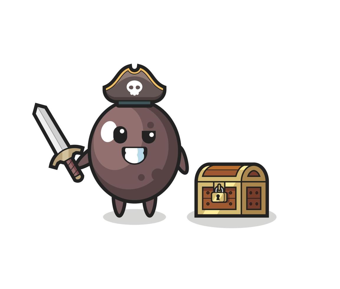 the black olive pirate character holding sword beside a treasure box vector