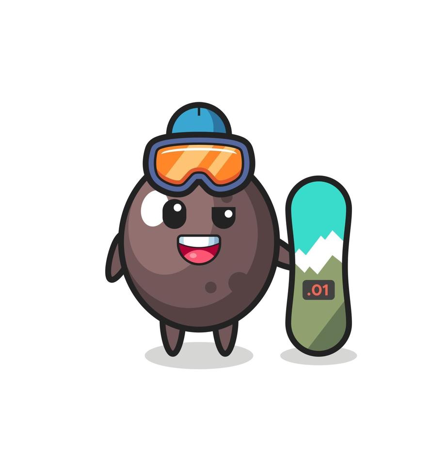 Illustration of black olive character with snowboarding style vector