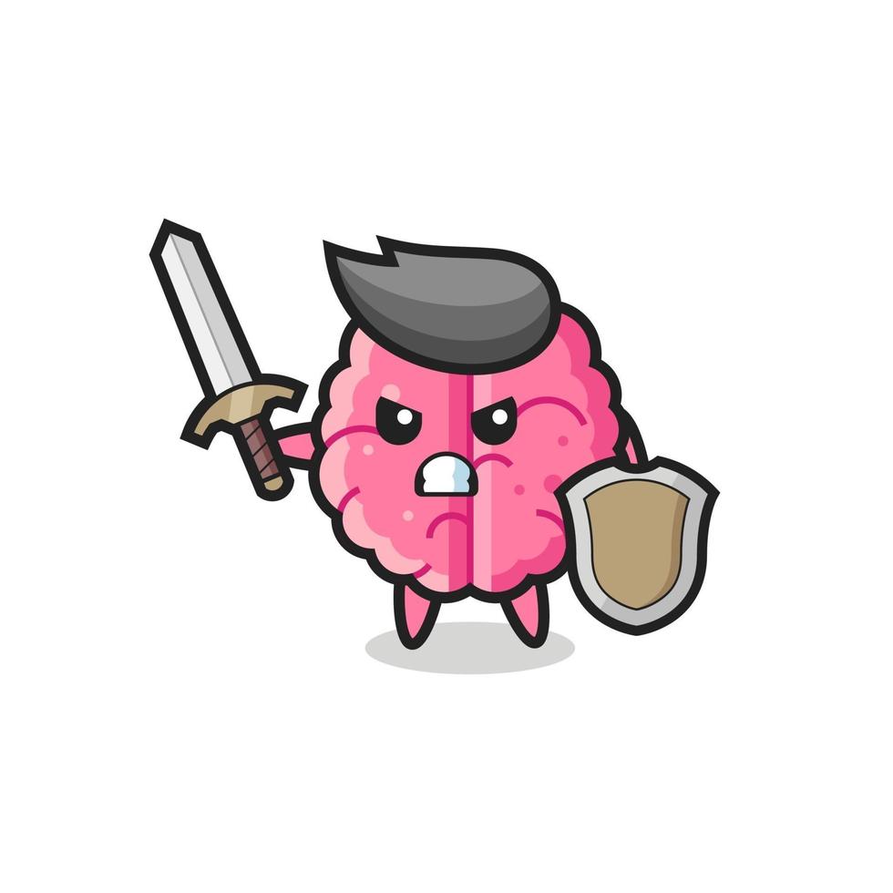 cute brain soldier fighting with sword and shield vector