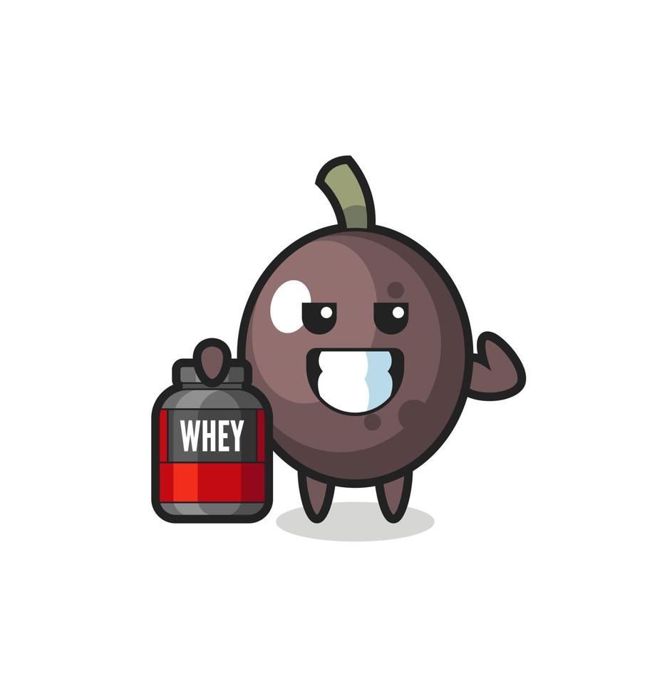 the muscular black olive character is holding a protein supplement vector