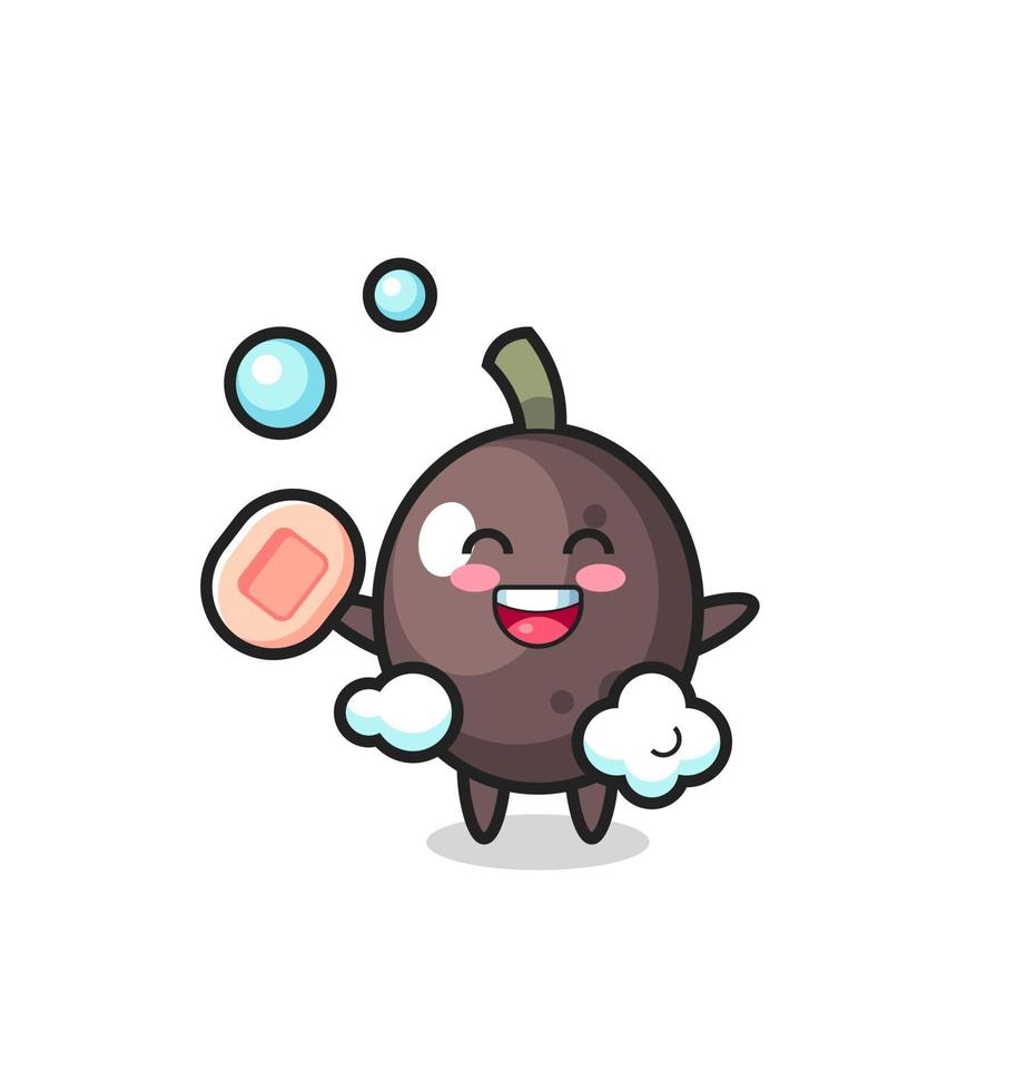 black olive character is bathing while holding soap vector