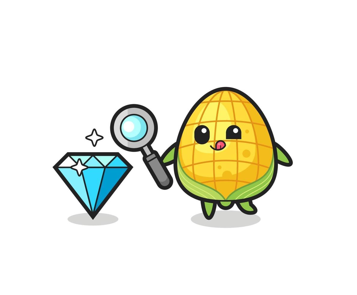 corn mascot is checking the authenticity of a diamond vector