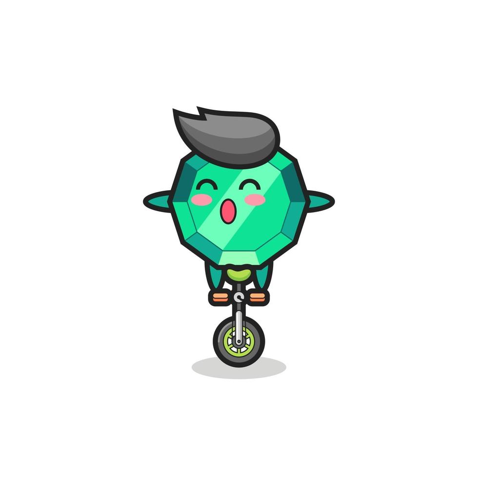 The cute emerald gemstone character is riding a circus bike vector