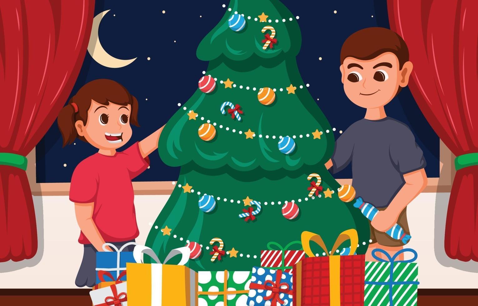 hermano y hermana decorando el árbol de navidad vector