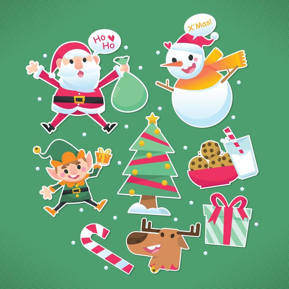 lindo conjunto de pegatinas de personajes navideños vector