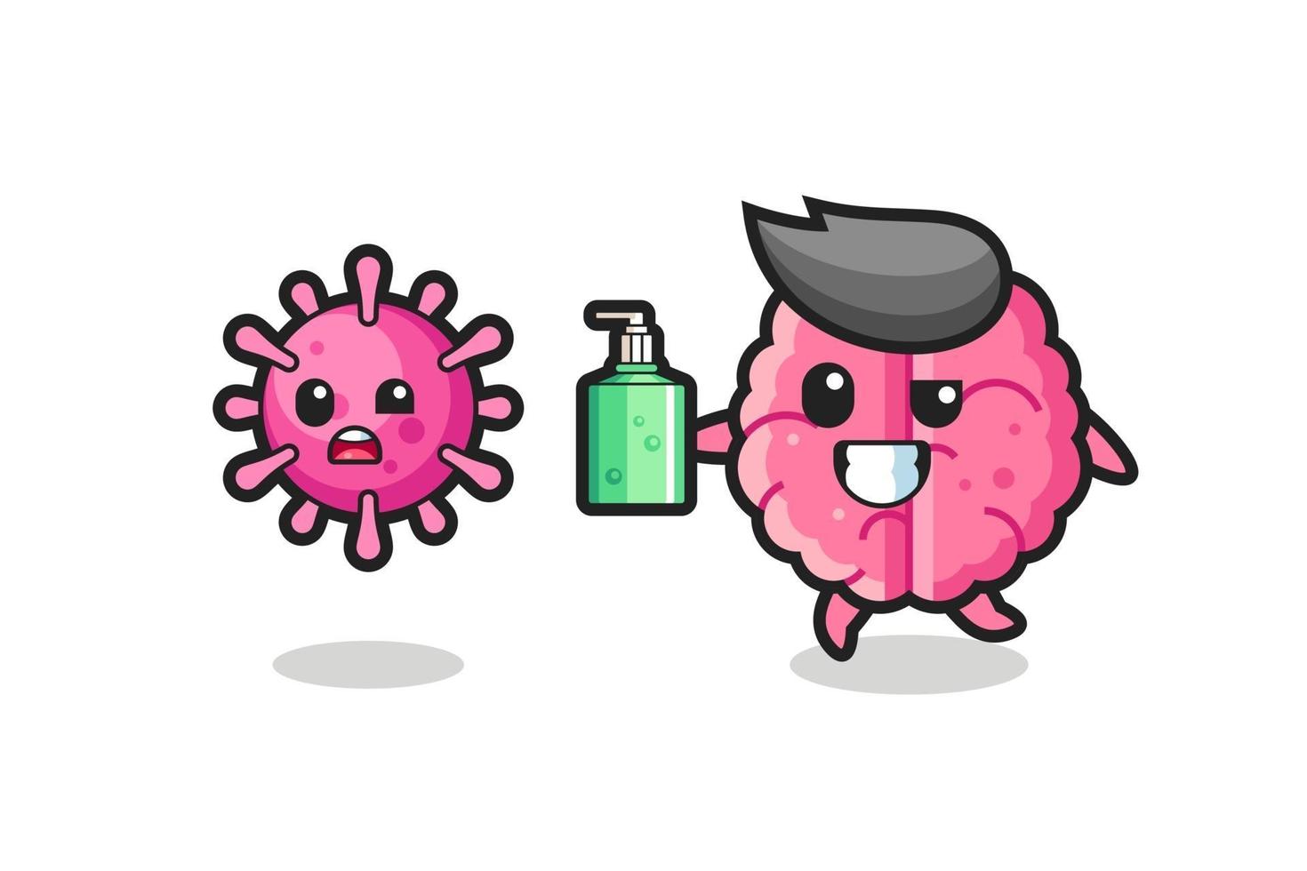 illustration of brain character chasing evil virus with hand sanitizer vector