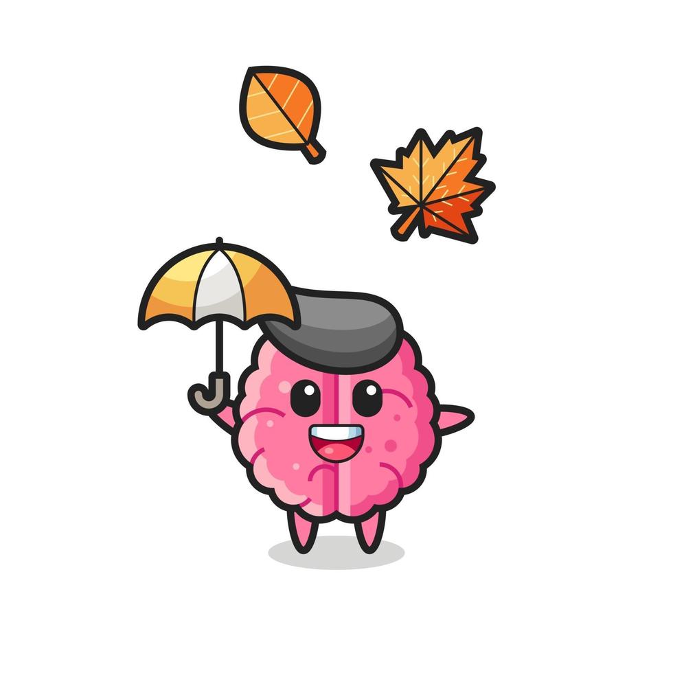 cartoon of the cute brain holding an umbrella in autumn vector