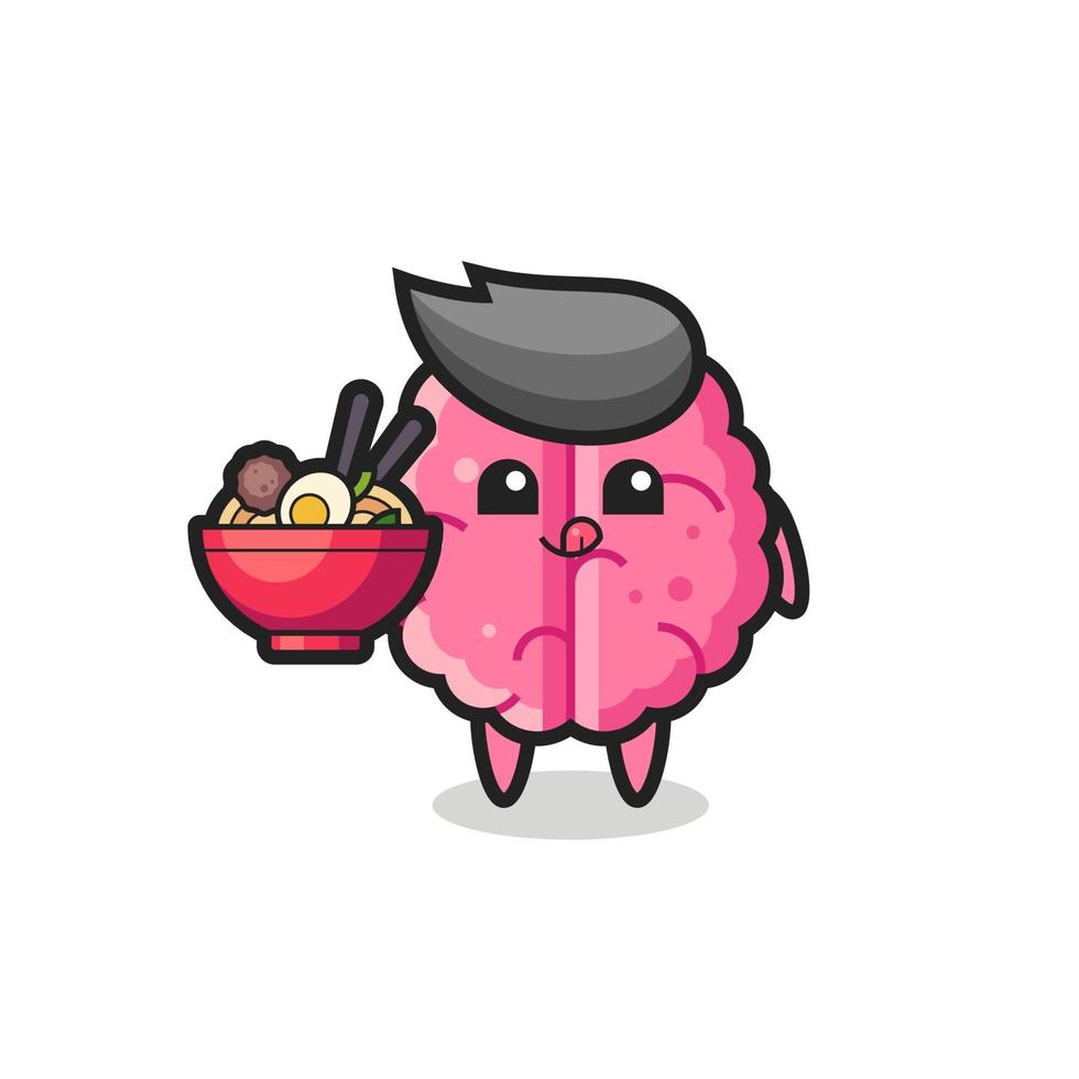 cute brain character eating noodles vector