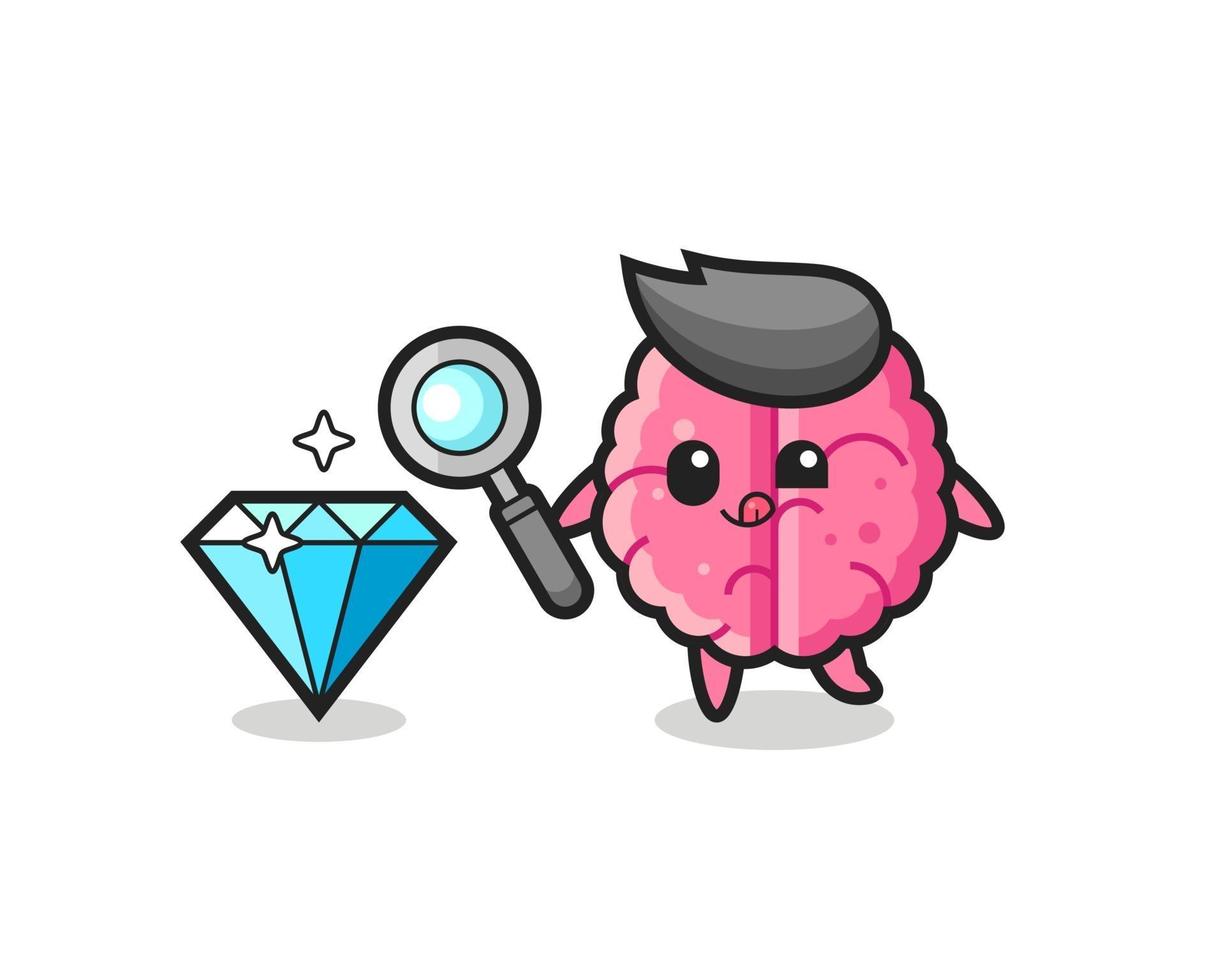 brain mascot is checking the authenticity of a diamond vector