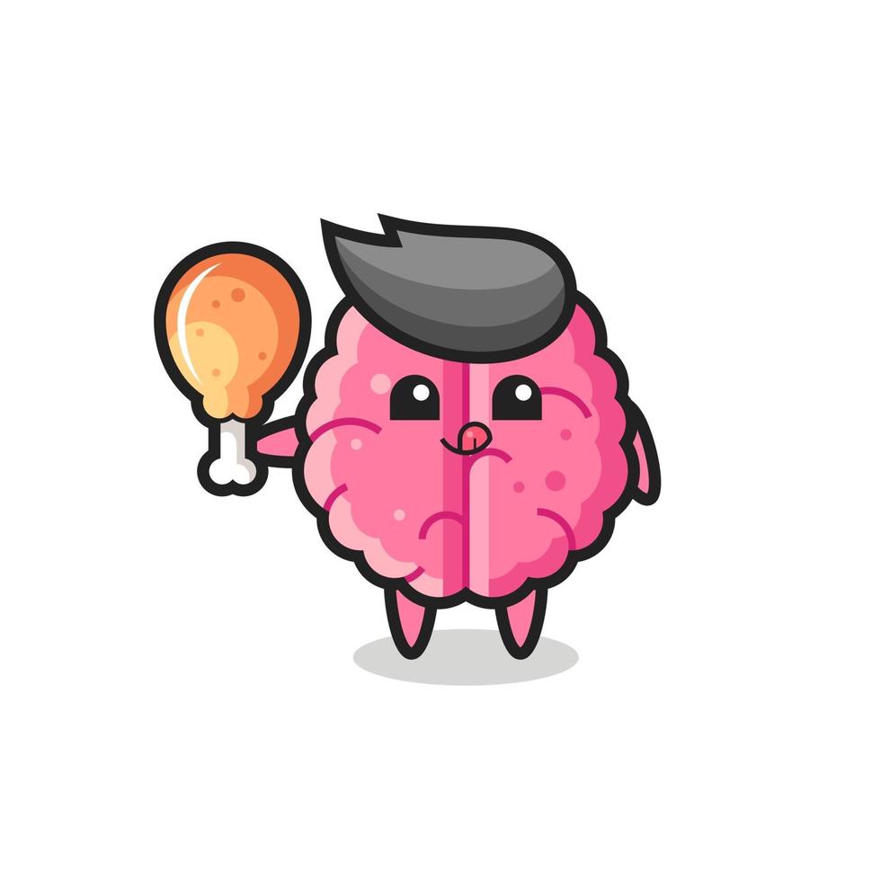 brain cute mascot is eating a fried chicken vector